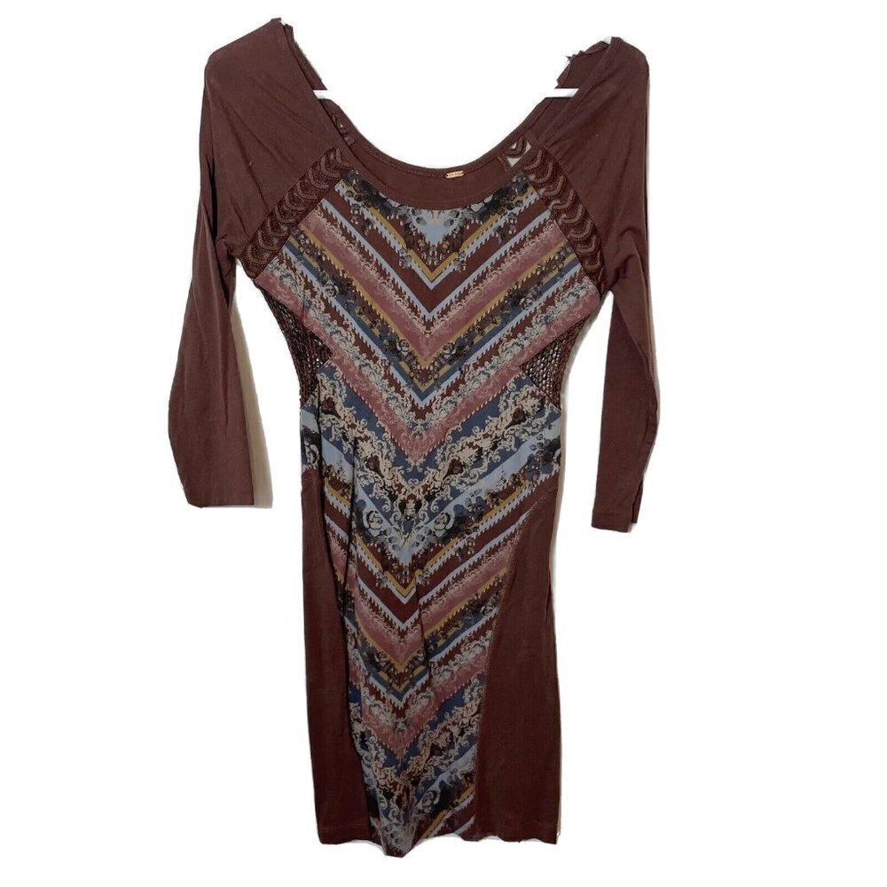 Free People Out of Africa 3/4 Sleeve Mini Dress Brown‎ XS Keyhole Mesh 90s Y2K